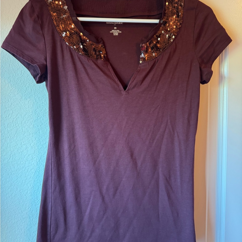 Banana Republic Short Sleeve Top - Purple with Sequin Detail